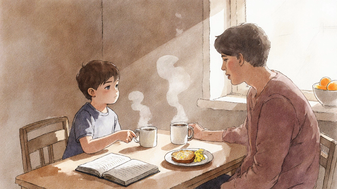 Single parent and child sharing breakfast at a sunlit kitchen table, no screens, quiet connection.