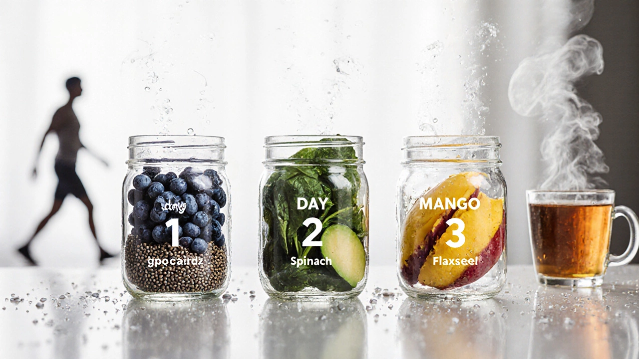 Three transparent jars filled with day-specific foods for a 3-day flat stomach plan.