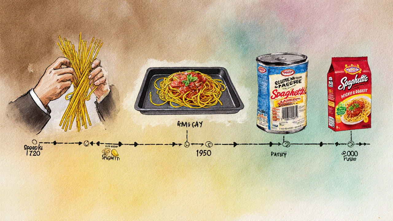 Timeline of spaghetti in American culture, shown as a continuous strand connecting historical and modern scenes.