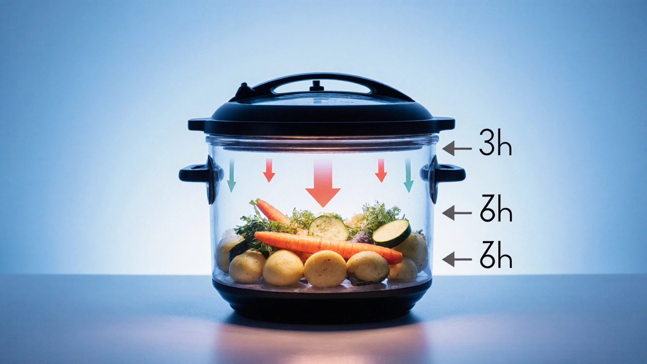 Transparent slow cooker with heat flow arrows showing why vegetables are placed at the bottom.