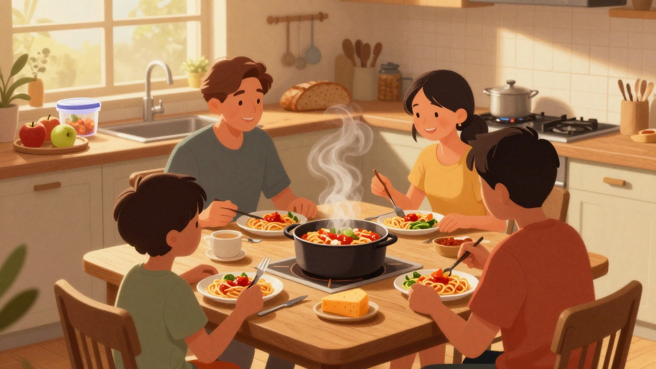 A family eating a home-cooked meal of pasta and vegetables at a wooden kitchen table.