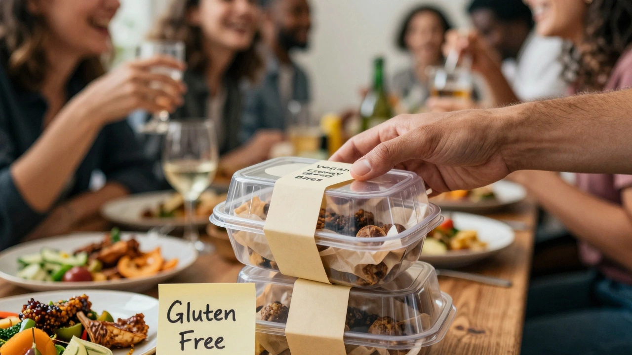 A labeled takeout box of energy bites being placed on a party table with a &#039;Gluten Free&#039; sticky note.