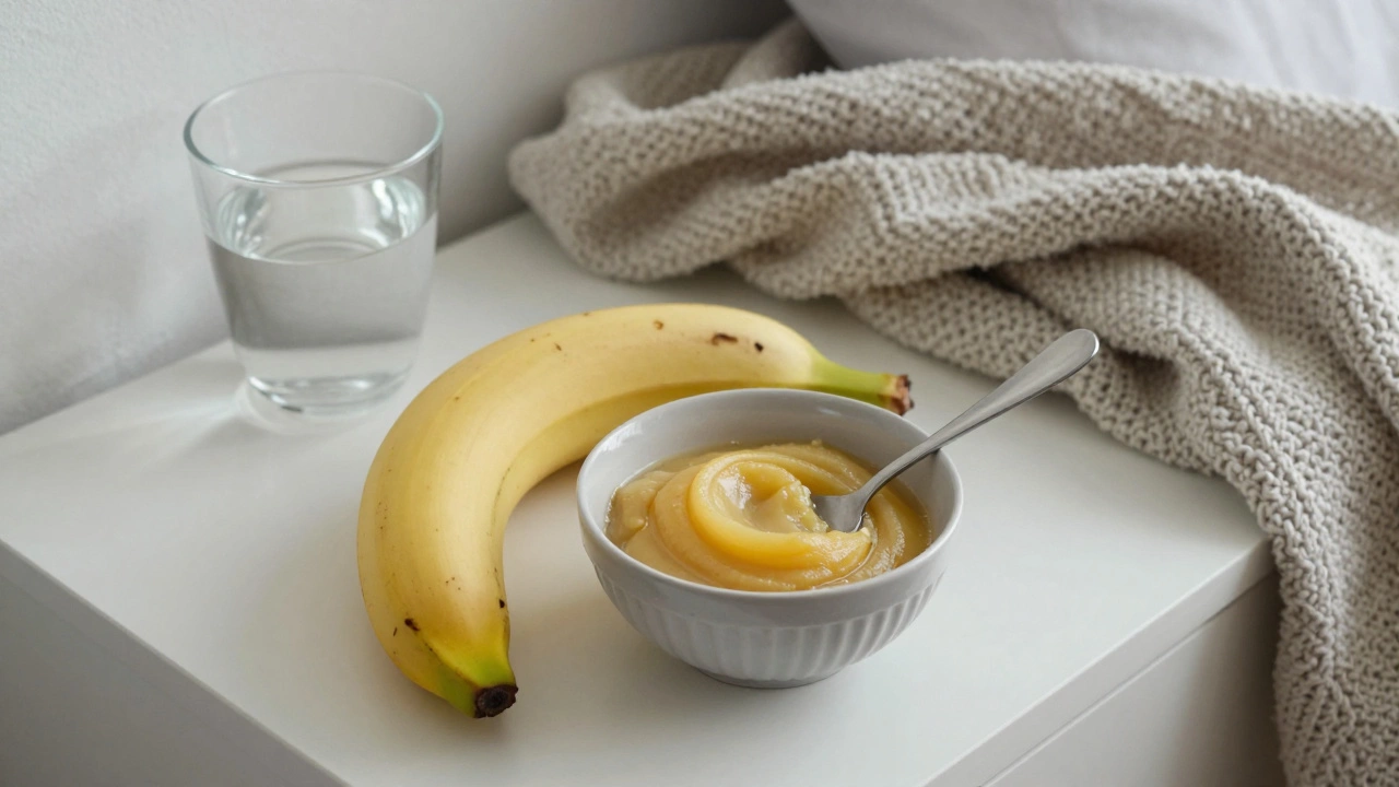 A mashed banana in a bowl beside a glass of water on a bedside table.
