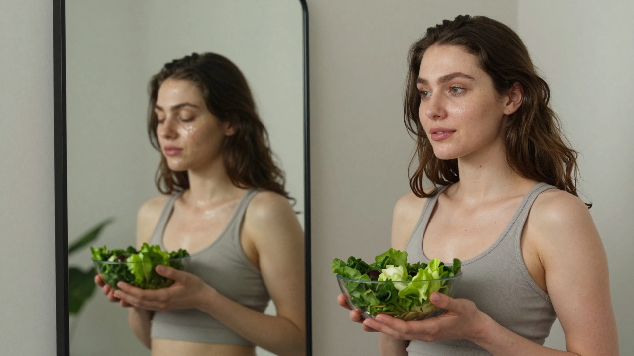 A person beside two mirrors showing transformation from tired to vibrant after going vegan.