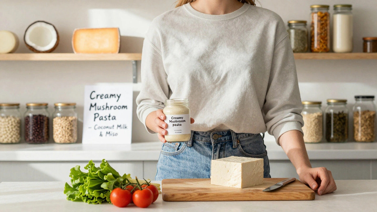 A person in a kitchen holding tofu and nutritional yeast beside shelves of vegan staples like beans and quinoa.
