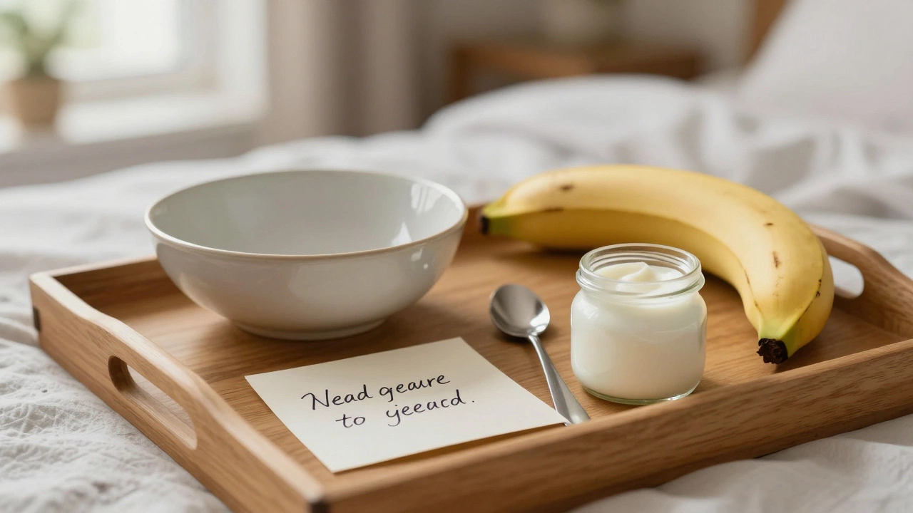 A quiet tray with yogurt, banana, and a spoon beside an empty soup bowl.