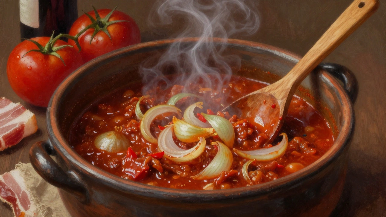 A rich, slow-simmered Bolognese sauce with onions fully dissolved, steam rising from the pot.