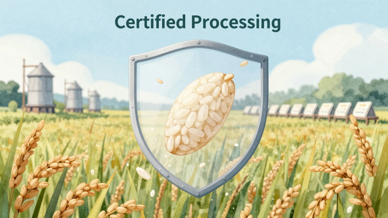 A single rice grain protected by a shield from invisible gluten particles in a supply chain scene.