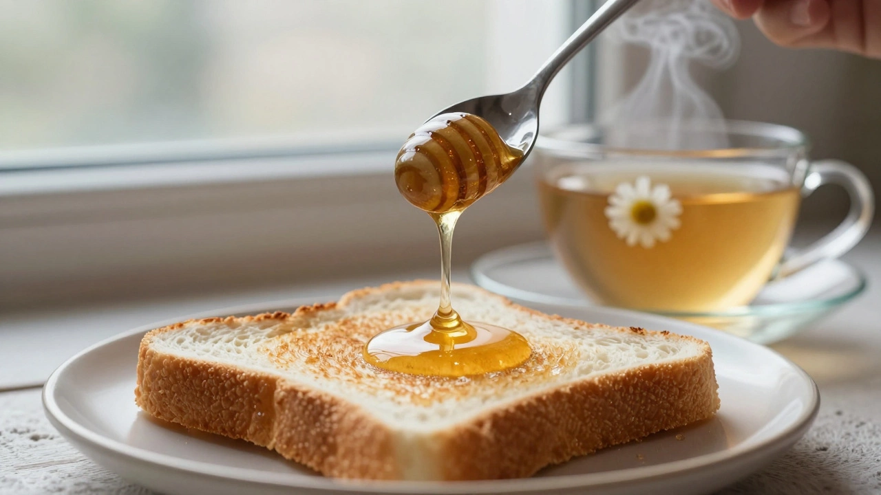 A slice of plain toast with honey drizzling from a spoon, next to a cup of herbal tea.