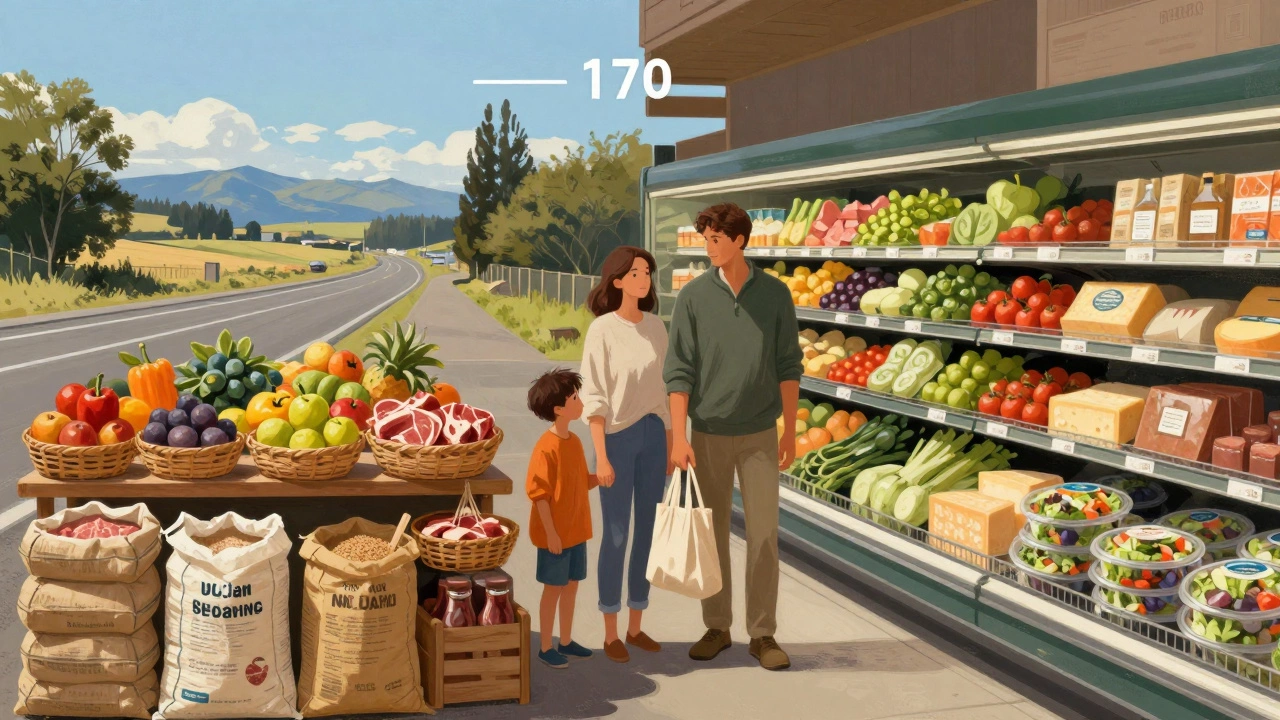 A split-screen view comparing rural and urban grocery shopping in New Zealand.