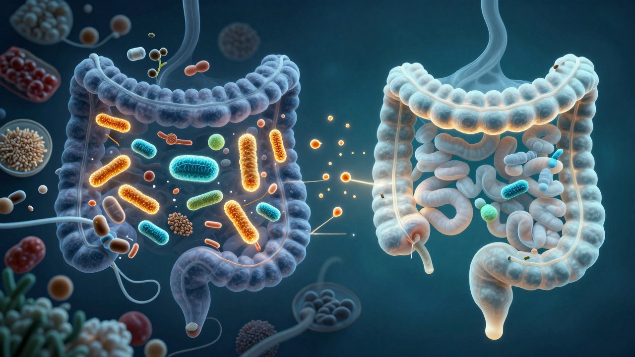 An artistic depiction of a healthy gut glowing with beneficial microbes and plant fibers.