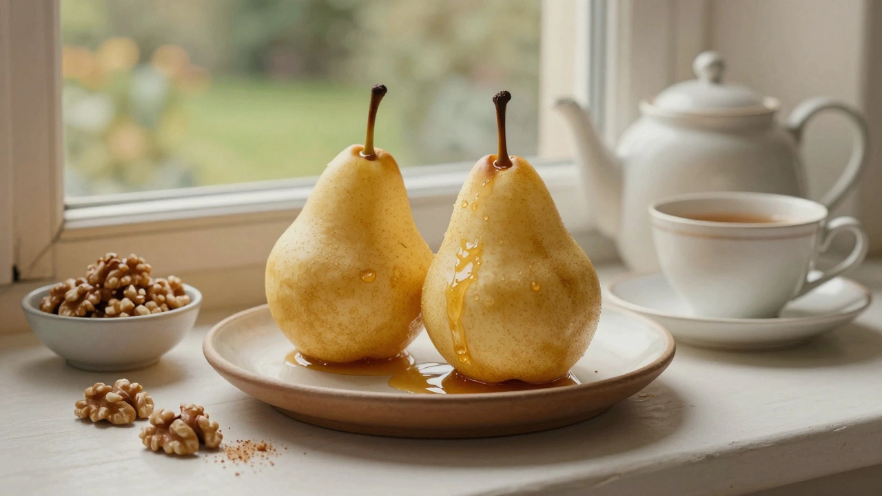 Baked pears with honey and walnuts on a stoneware plate near a teacup and windowsill.