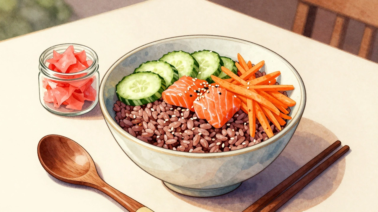 Brown rice sushi bowl with salmon, cucumber, and sesame seeds on a ceramic plate