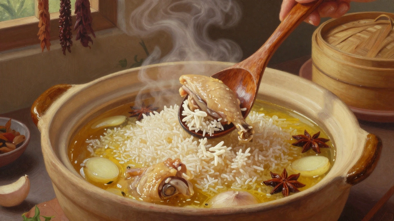 Close-up of rice being cooked in chicken broth with garlic, ginger, and star anise in a traditional kitchen.