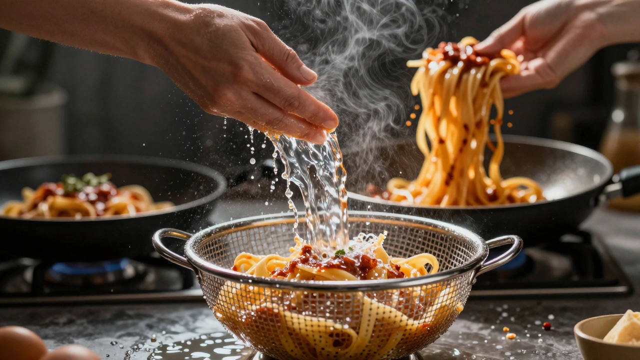 Cold water rinsing pasta turns to starch particles in air, while another pan shows sauce coating noodles.