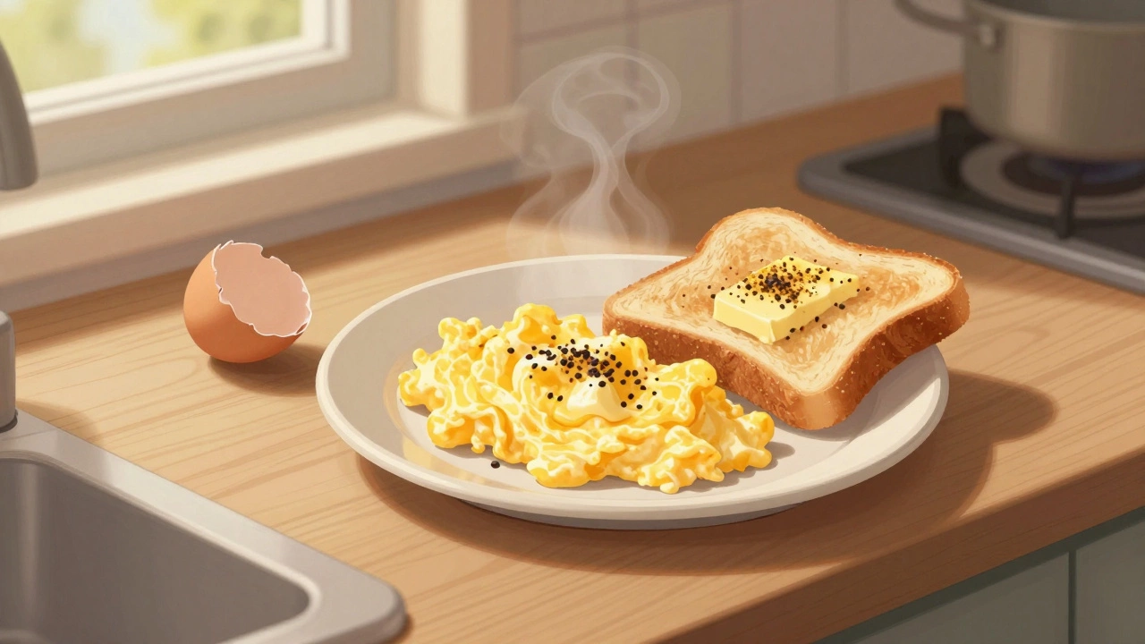 Creamy scrambled eggs and toasted bread with everything bagel seasoning on a wooden counter.