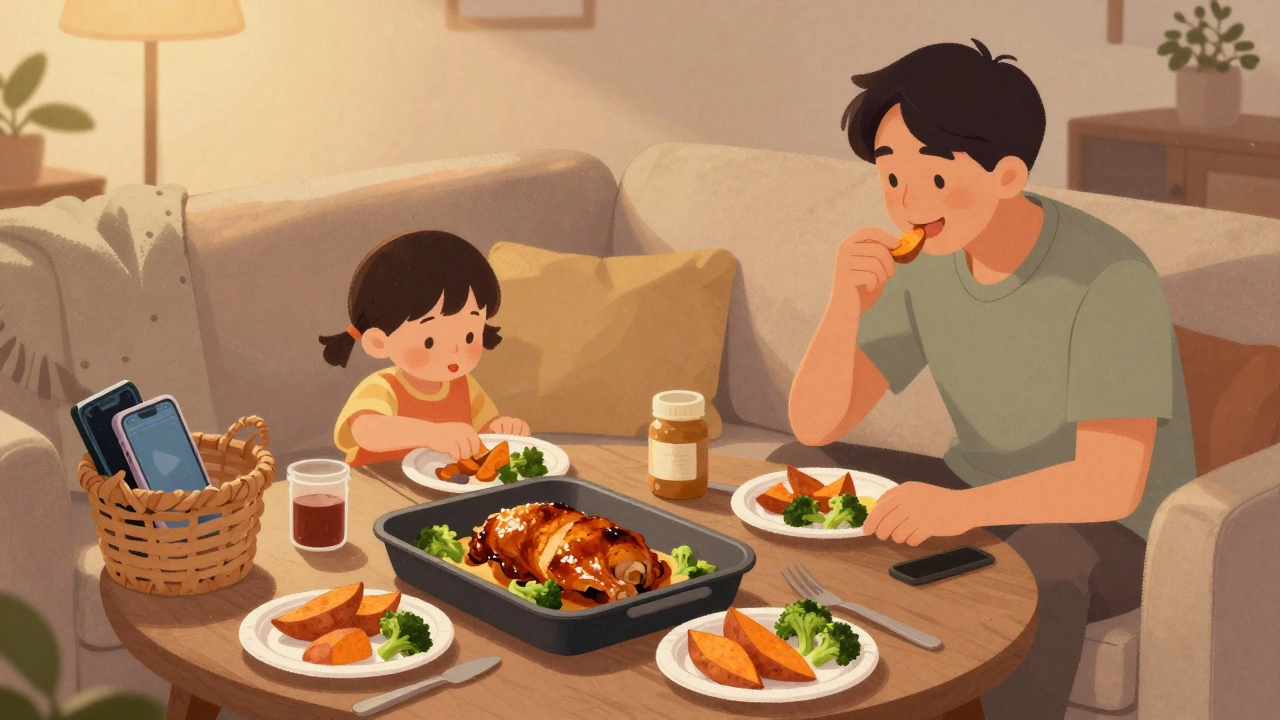 Family sharing sheet pan dinner on a living room couch with phones in a basket, eating together casually.