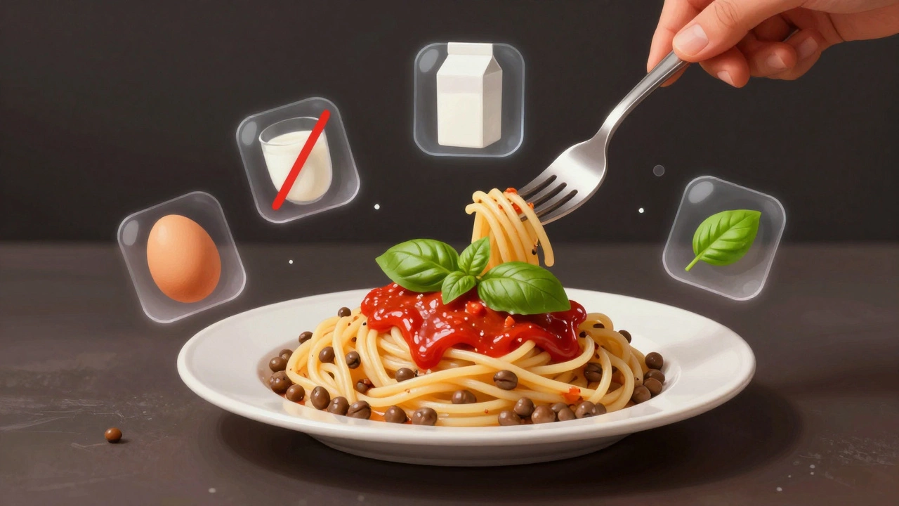 Fork twirling lentil pasta with tomato sauce, surrounded by symbols of vegan choices.