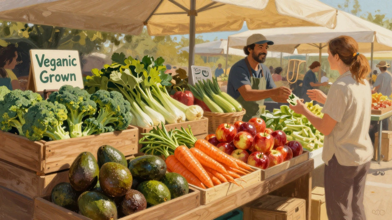 Fresh vegetables at a farmers market, one stall labeled 'Veganic Grown' under golden sunlight.