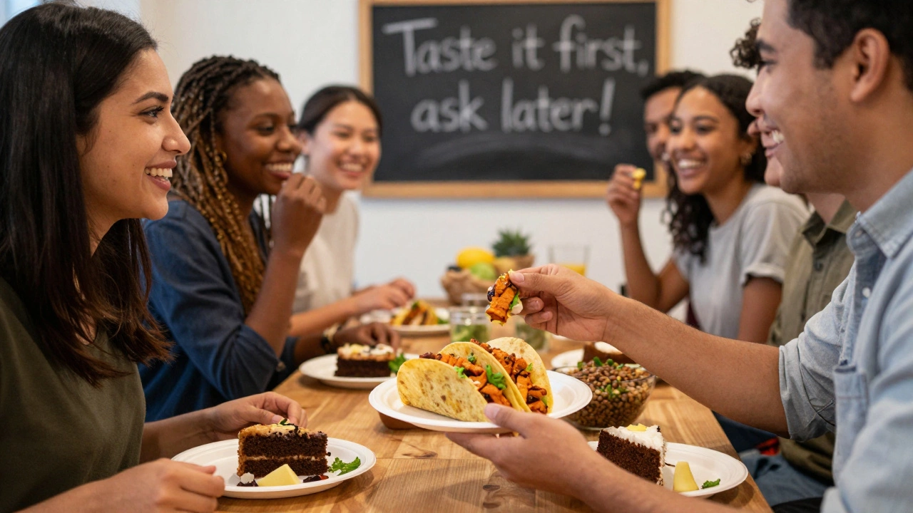 Friends laughing and sharing vegan food at a potluck, no questions asked, just enjoying the meal together.