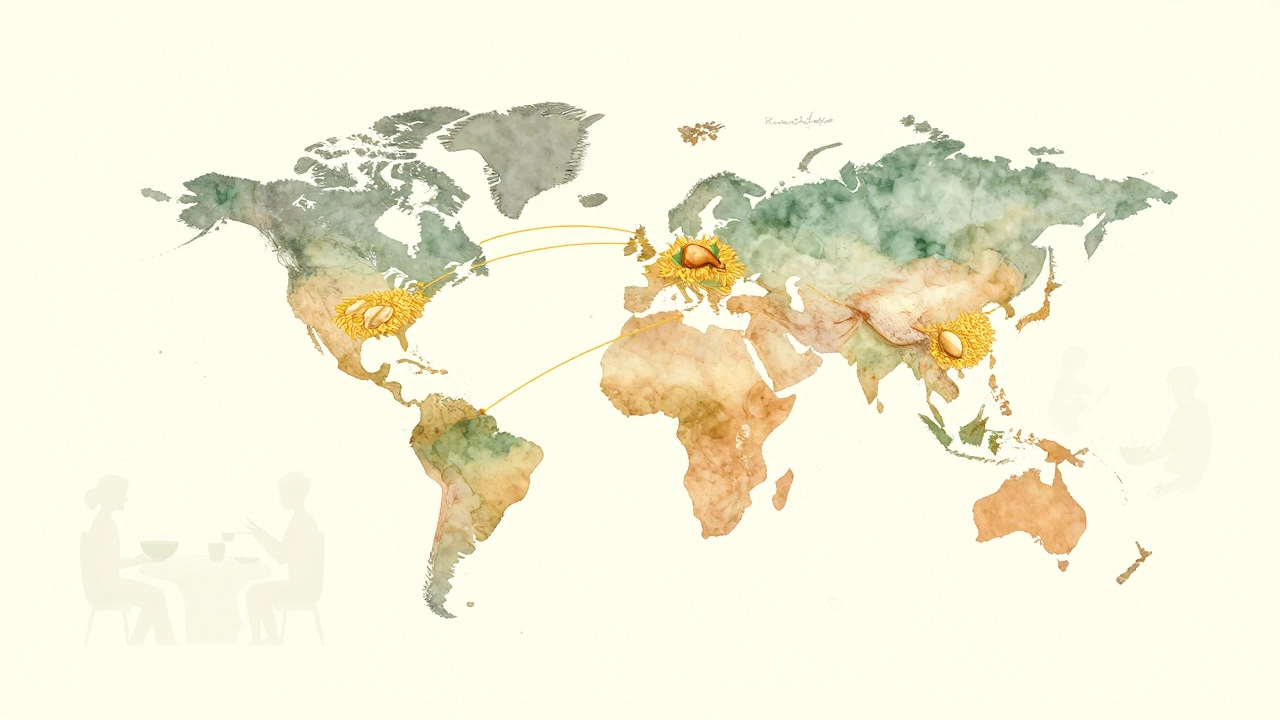 Global map with golden rice and chicken threads connecting cities, symbolizing universal appeal of the dish.