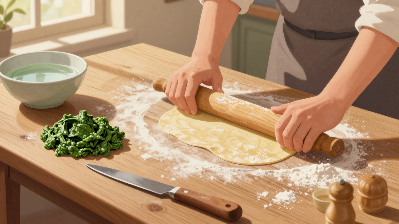 Hand rolling vegan pasta dough made from flour and water on a wooden counter.