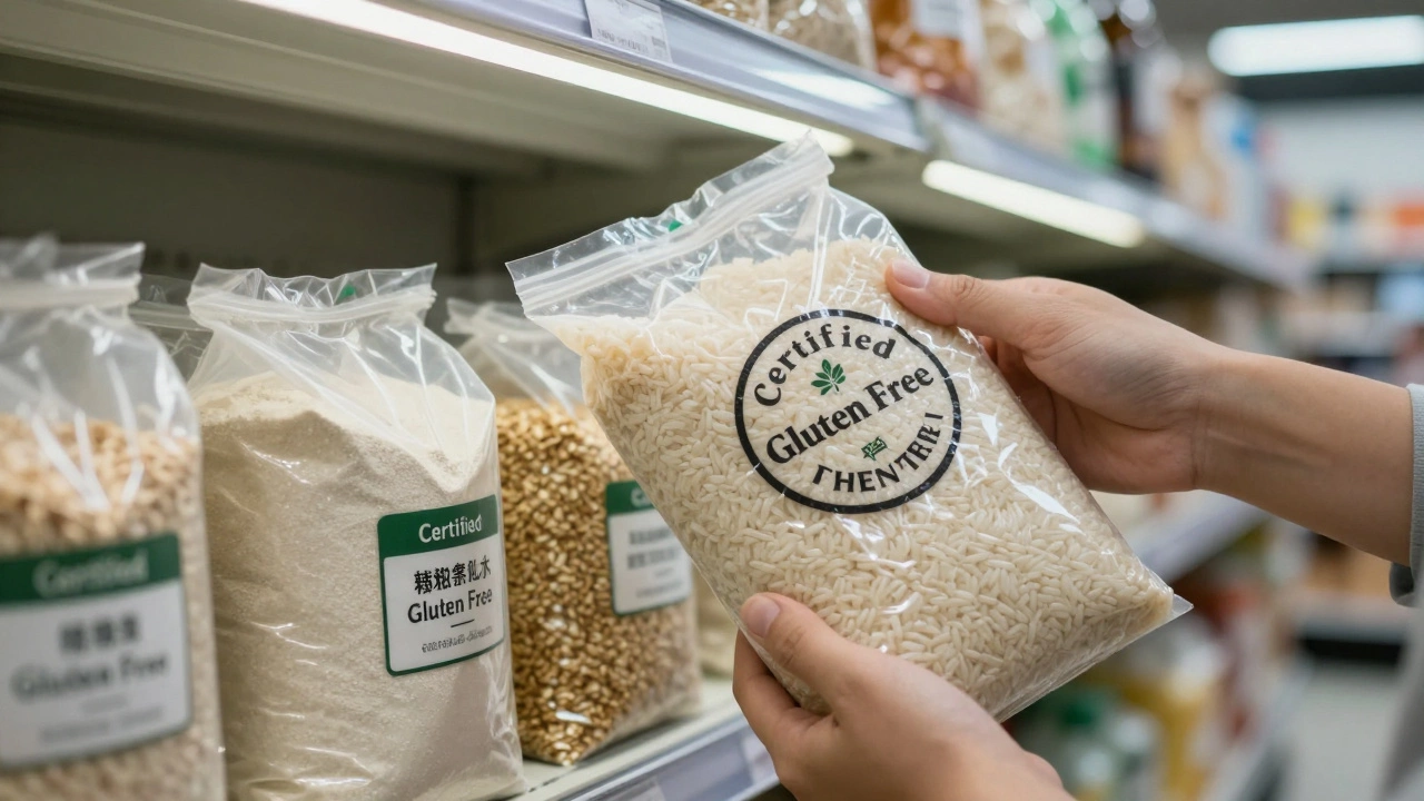 Hand selecting a certified gluten-free rice bag in a grocery store beside bulk wheat bins.