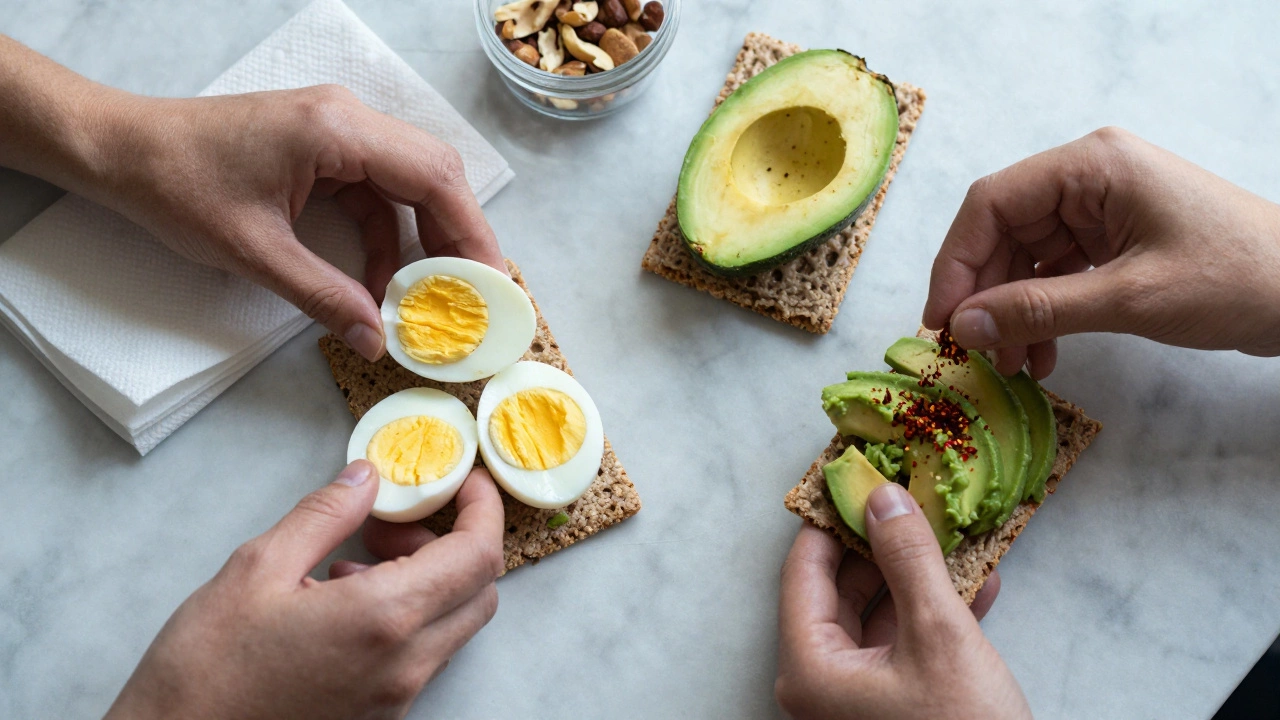 Hands assembling hard-boiled eggs, avocado, and crackers on a countertop