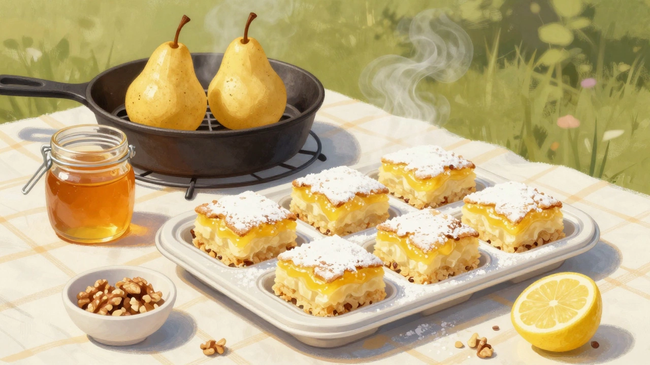 Mini lemon bars in a muffin tin dusted with powdered sugar, beside roasted pears and walnuts on a picnic blanket.