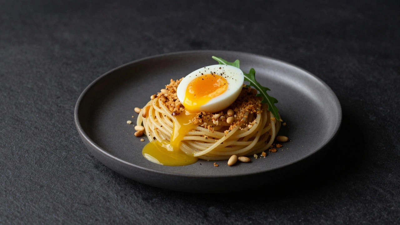 Pasta topped with toasted breadcrumbs, pine nuts, and a soft-boiled egg oozing yolk.