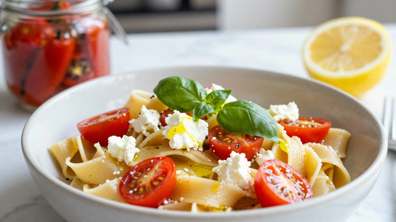 Pasta with cherry tomatoes, feta, and fresh basil drizzled with olive oil.