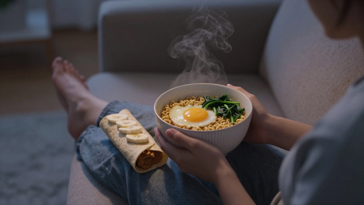 Person eating ramen on a couch with peanut butter banana roll-up nearby, warm lighting.