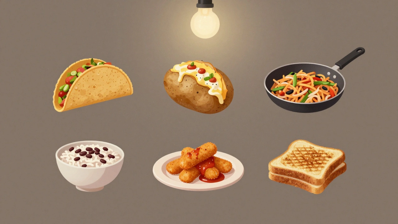 Seven simple family meals represented as floating icons: taco, baked potato, stir-fry, grilled cheese, rice and beans, fish sticks, quesadilla.