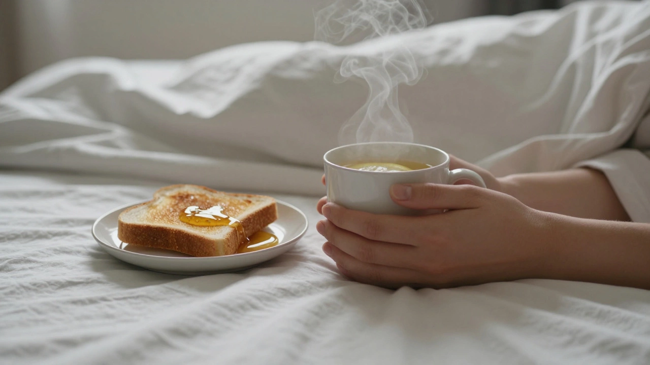 Someone in bed sipping warm ginger broth with toast and honey beside them.