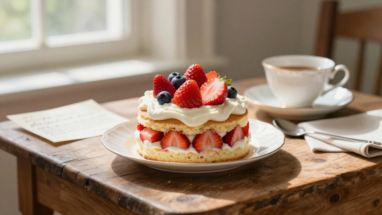 Strawberry shortcake with fresh cream and berries on a wooden table, sunlight streaming in.