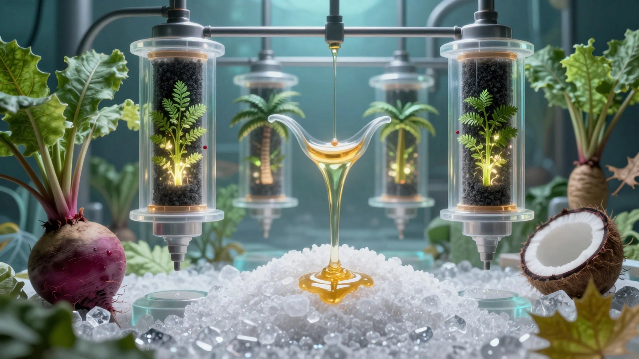 Surreal refinery with plant-based filters replacing bone char, glowing syrup turning into sugar.