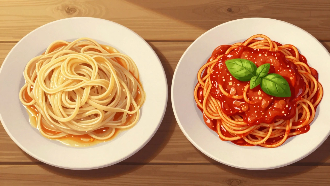 Two pasta dishes side by side: one with sauce pooling, the other with sauce clinging to noodles.