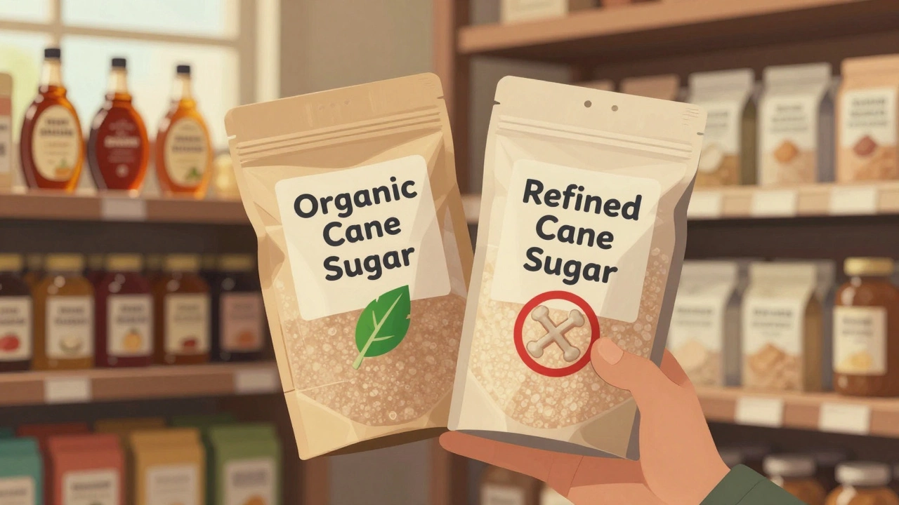 Vegan shopper comparing sugar bags with organic and non-vegan labels in a grocery store.