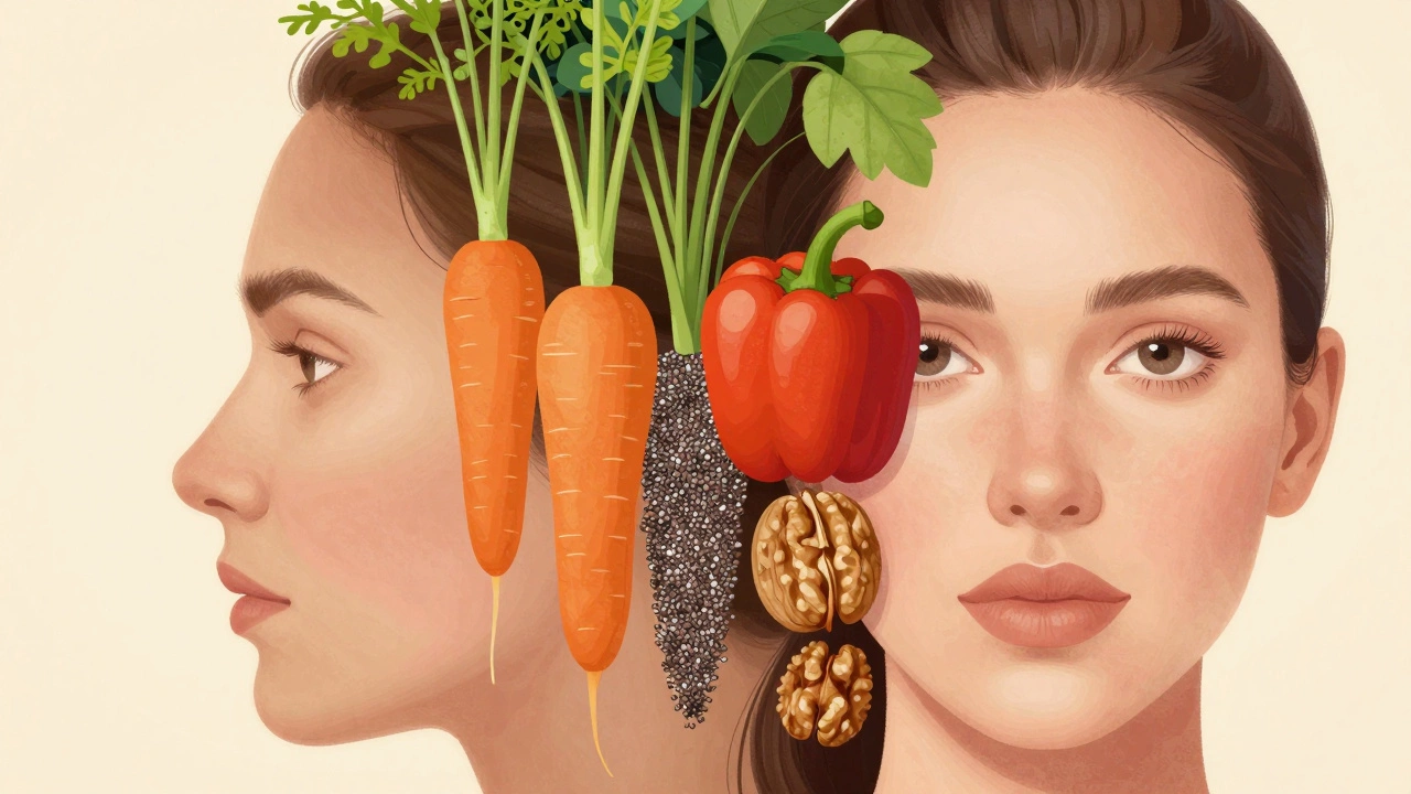 A face gradually transforming from dull to radiant, with plant nutrients growing like vines from the skin.