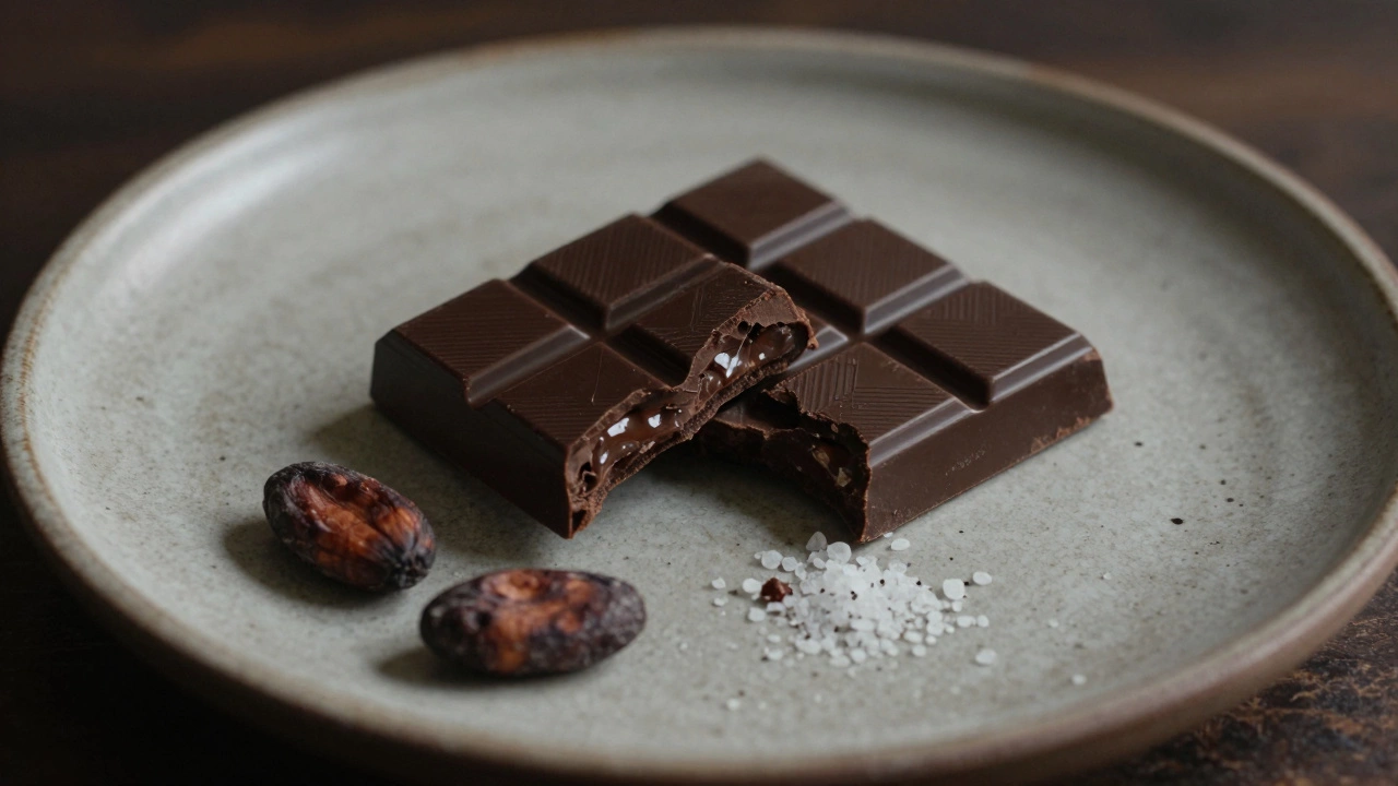 A square of dark chocolate being broken apart with cacao beans and sea salt on a ceramic plate.