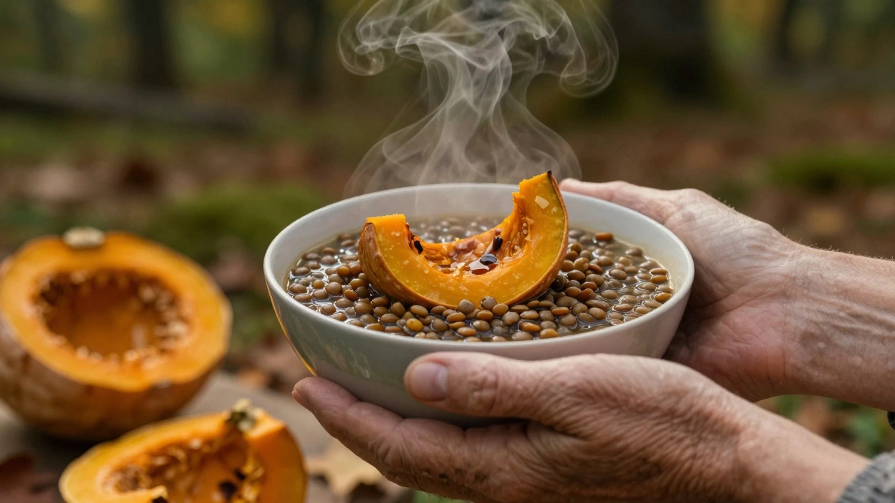 An aging hand holding a bowl of lentil stew, with a subtle overlay of youthful skin emerging from steam.