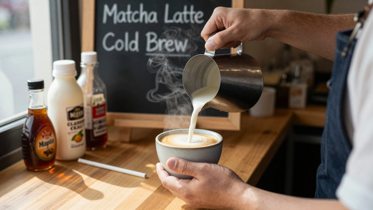 Barista pouring oat milk into coffee, steam rising, with plant-based creamers on counter.