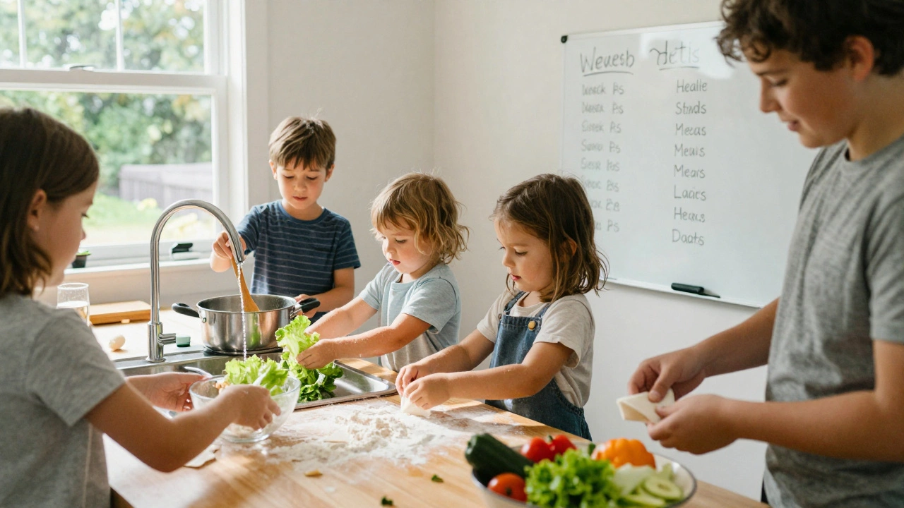 Children helping prepare dinner in a sunlit kitchen—washing vegetables, stirring sauce, and folding napkins.