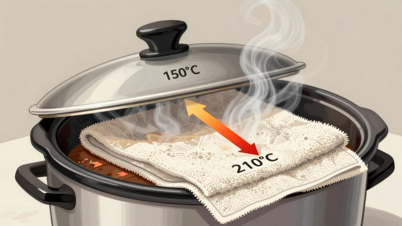 Cross-section of slow cooker showing trapped steam and rising heat beneath a tea towel.