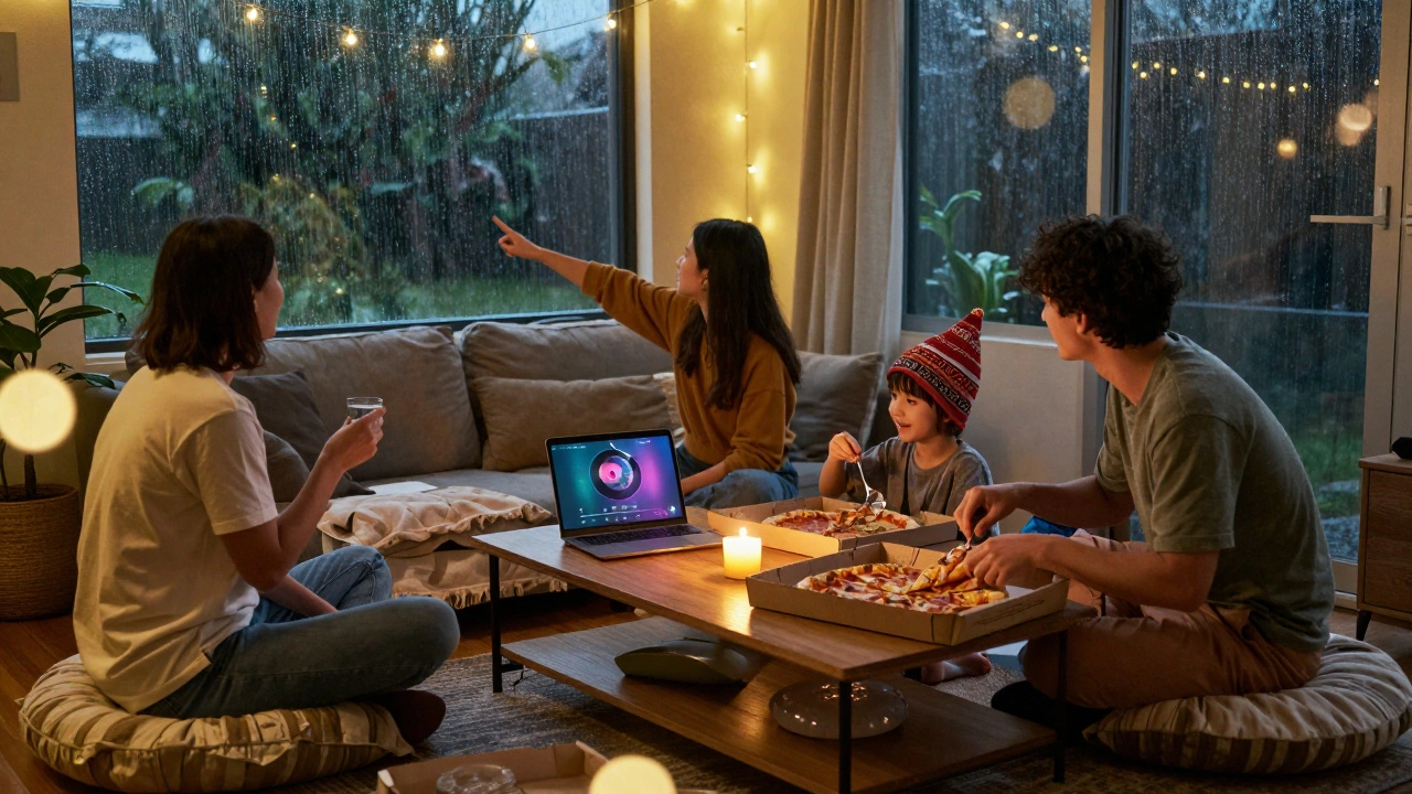 Family eating pizza on the couch with blankets and candles, enjoying a rainy evening together.