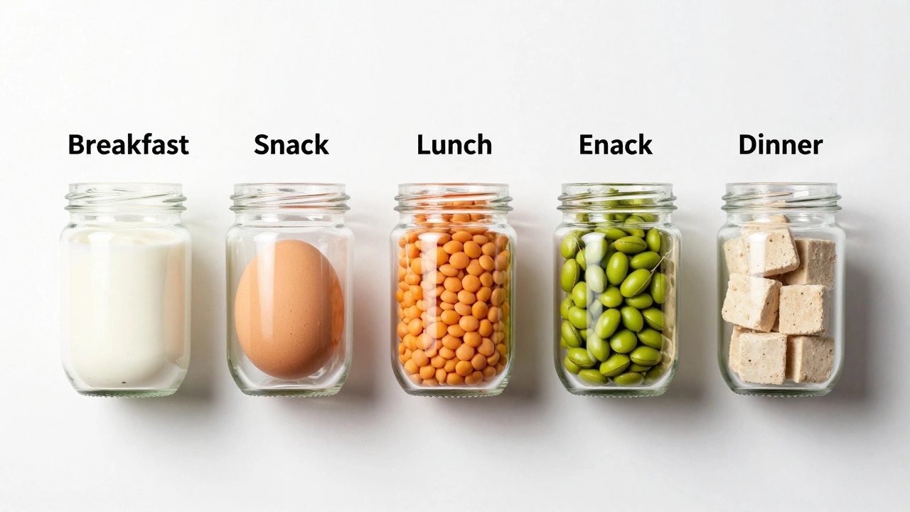 Five glass jars filled with vegetarian protein sources arranged in a daily sequence