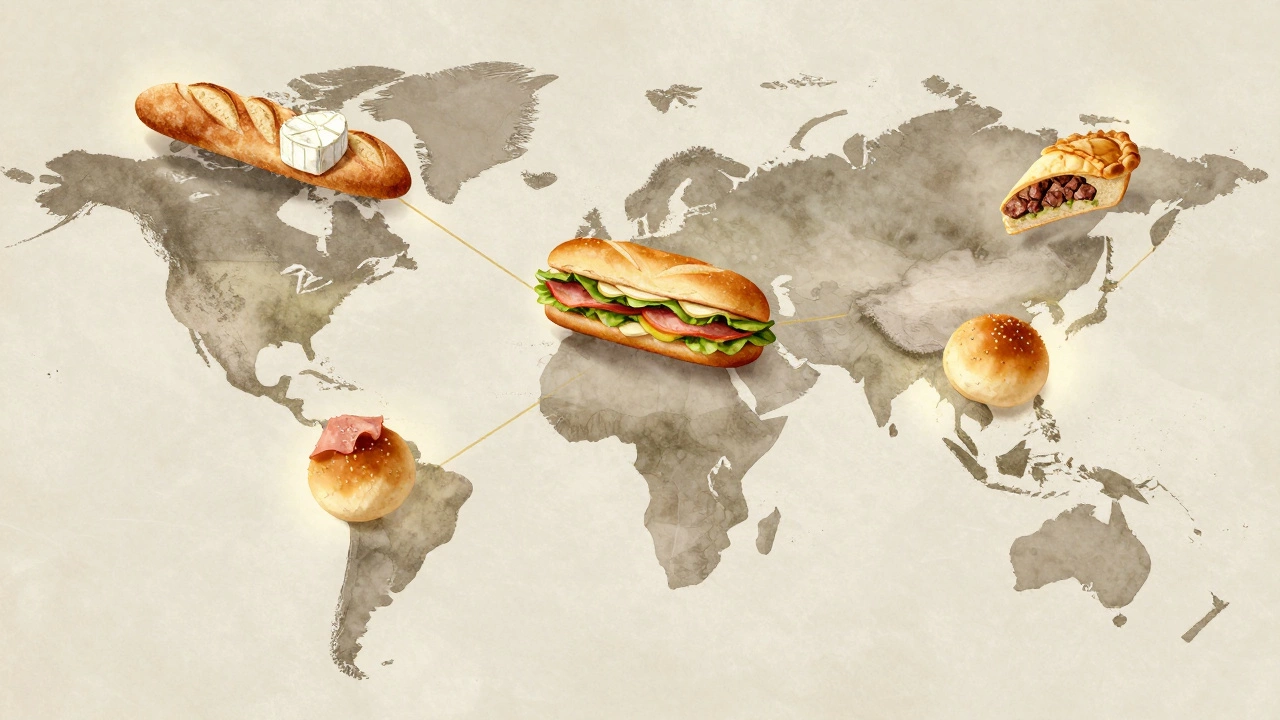 Global map with cultural sandwich variations floating above continents.