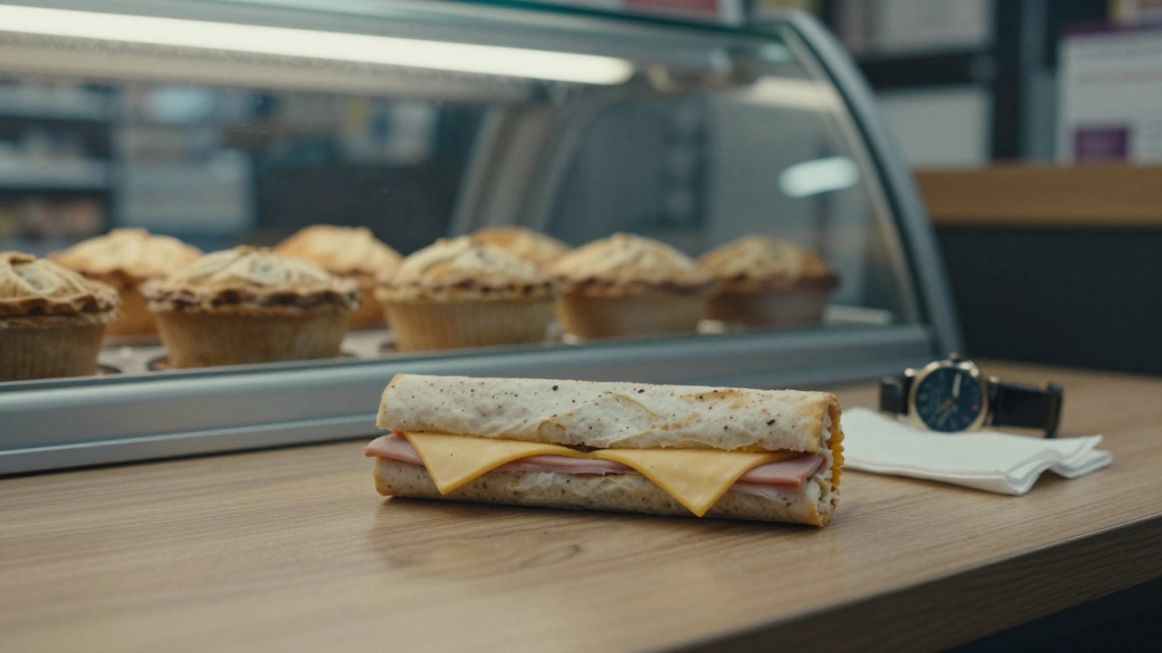 Ham and cheese roll with meat pies in the background in a UK store.