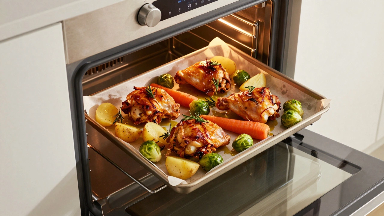 Sheet pan with roasted chicken and vegetables in oven, timer at 25 minutes