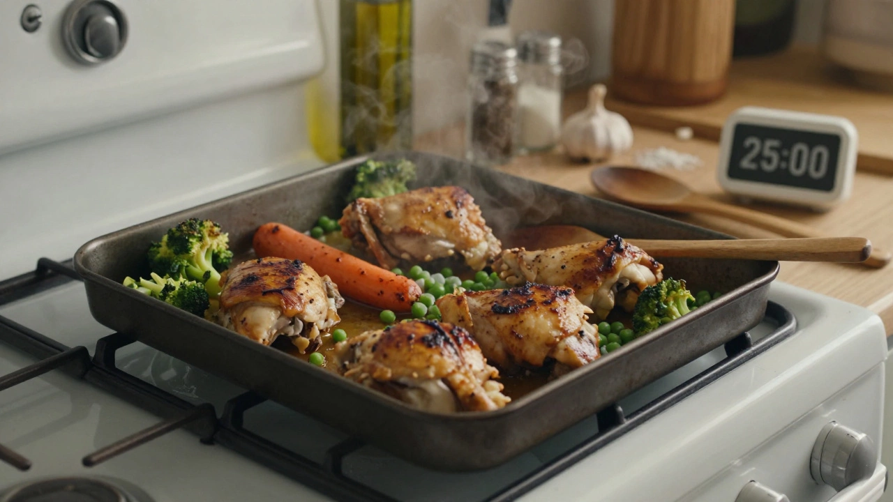 Sheet pan with roasted chicken and vegetables steaming on a kitchen counter.